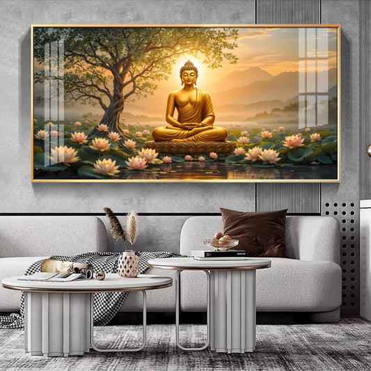 Blissful Buddha With Lotus Petal Premium Acrylic Horizontal Wall Art