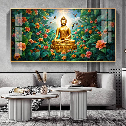Mindful Living Buddha With Flower Premium Acrylic Horizontal Wall Art