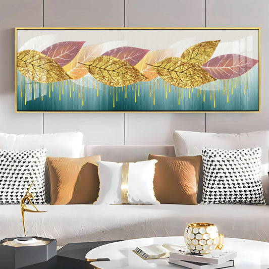 Golden Pink Leaves Luxury Crystal Horizontal Wall Art