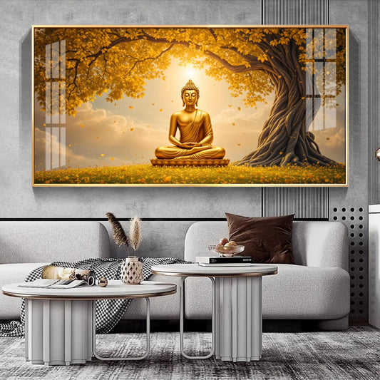 Meditating Buddha Under Goldern Tree Premium Acrylic Horizontal Wall Art