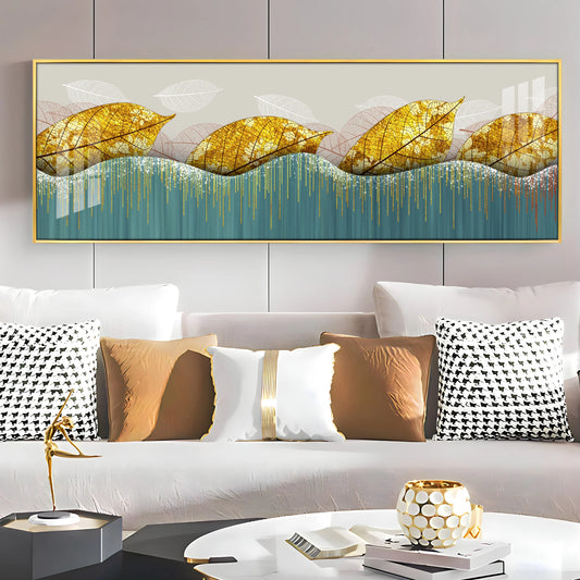 Lush Golden Leaves Luxury Crystal Horizontal Wall Art