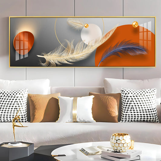 Feathers With Orange Circle Luxury Crystal Horizontal Wall Art