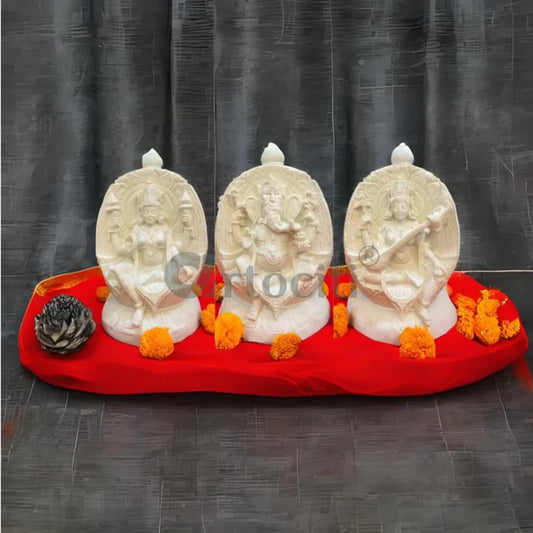 Goddess Laxmi, Lord Ganesh, and Goddess Saraswati Marble Idol