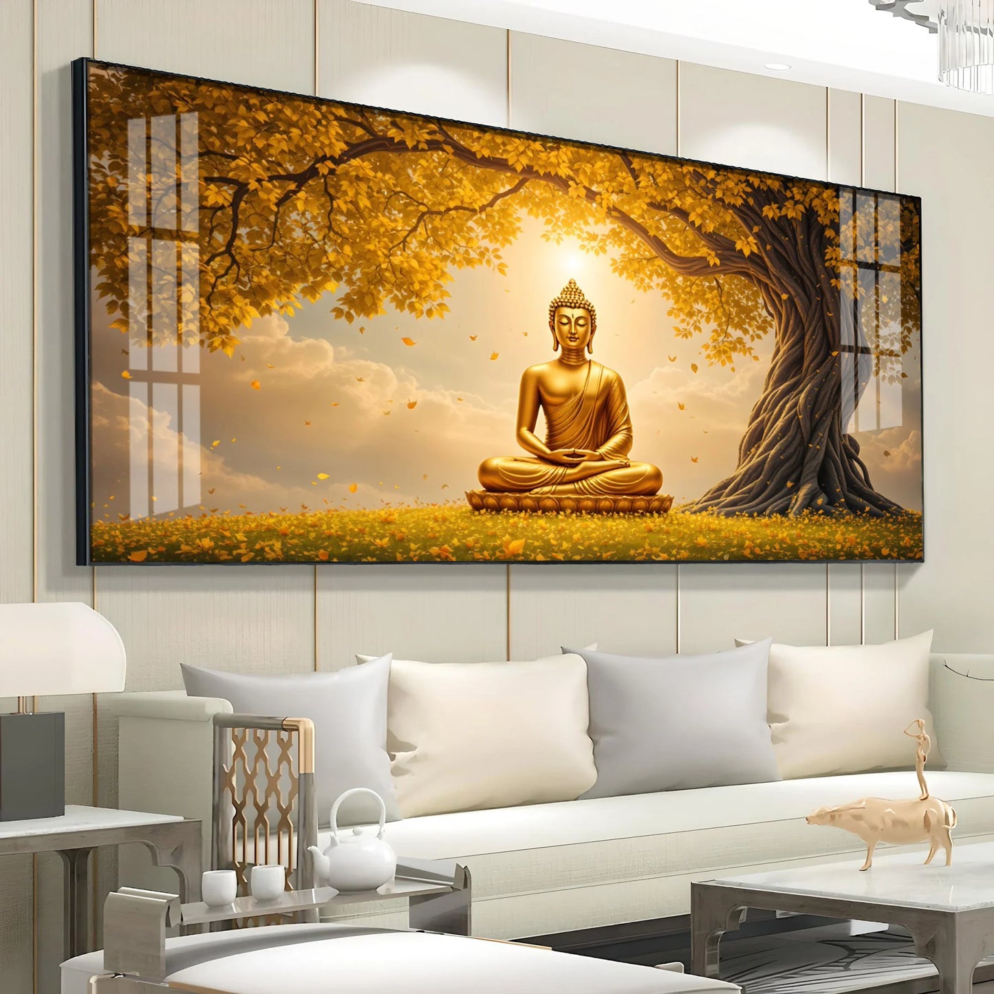 Meditating Buddha Under Goldern Tree Premium Acrylic Horizontal Wall Art