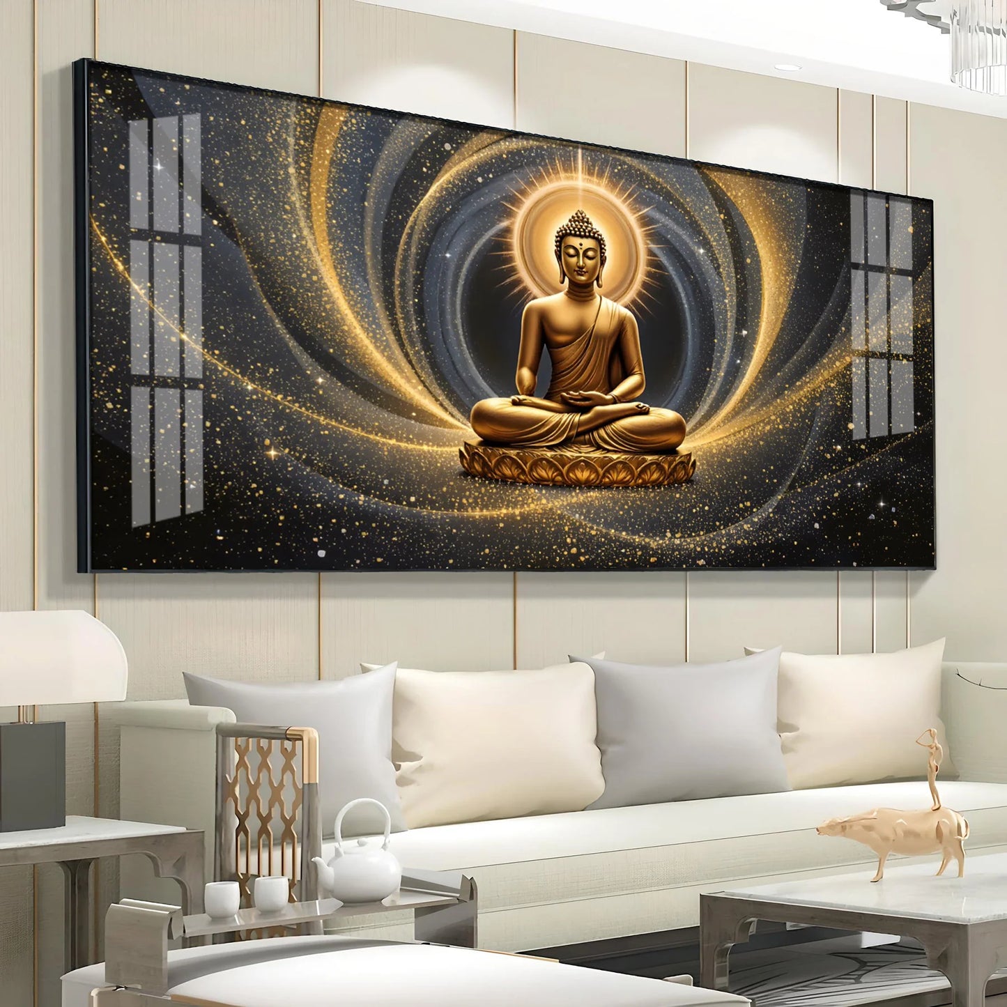 Golden Wave Buddha Reflection Premium Acrylic Horizontal Wall Art
