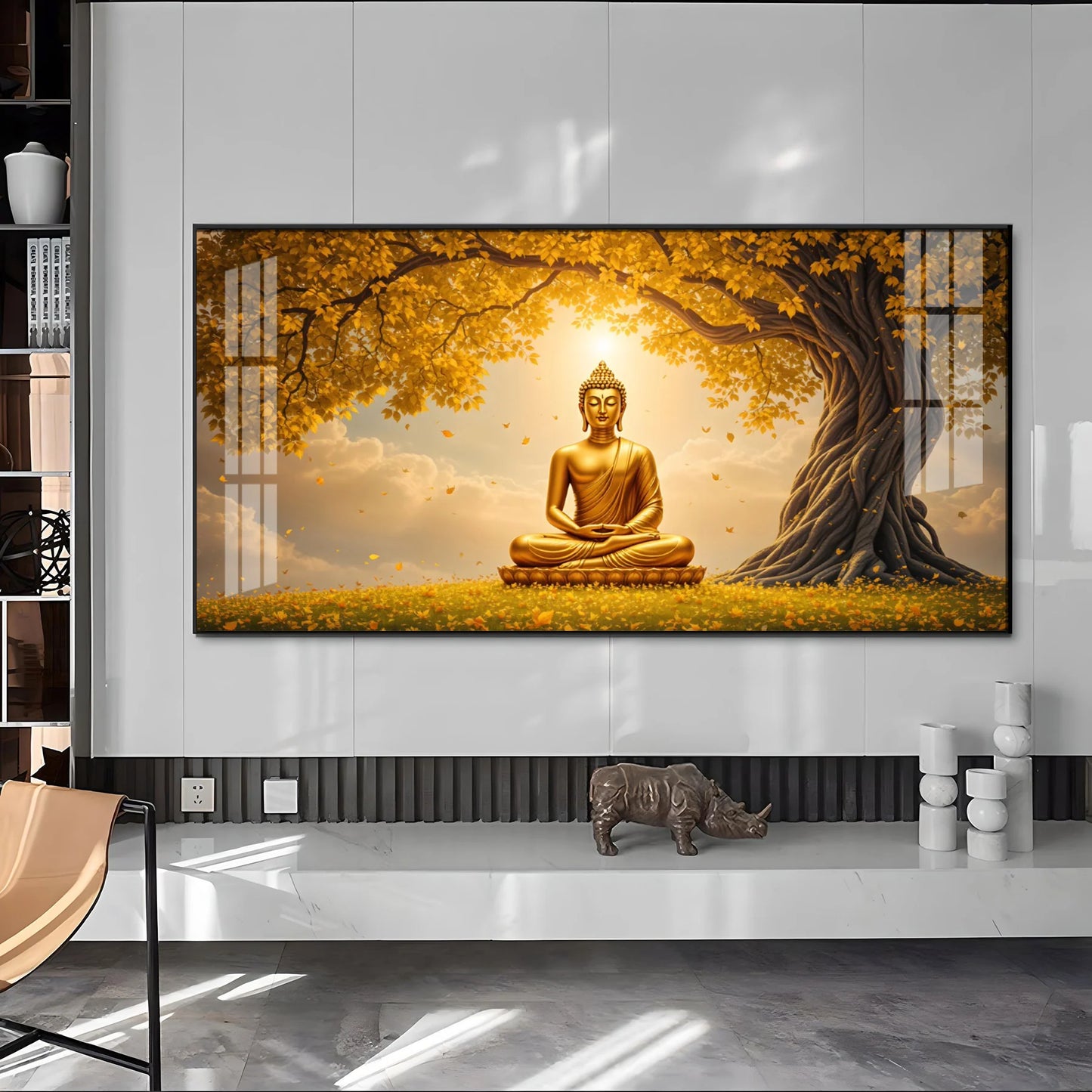 Meditating Buddha Under Goldern Tree Premium Acrylic Horizontal Wall Art