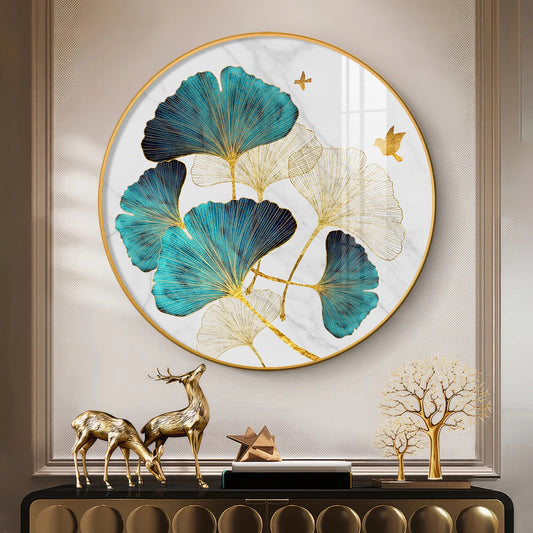 Blue Leaf Premium Acrylic Round Wall Art