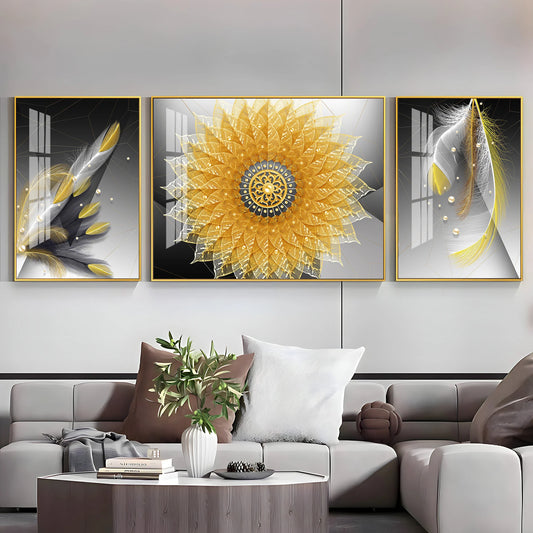 Golden Mandala With Feathers Luxury Crystal Wall Art (Set of 3)