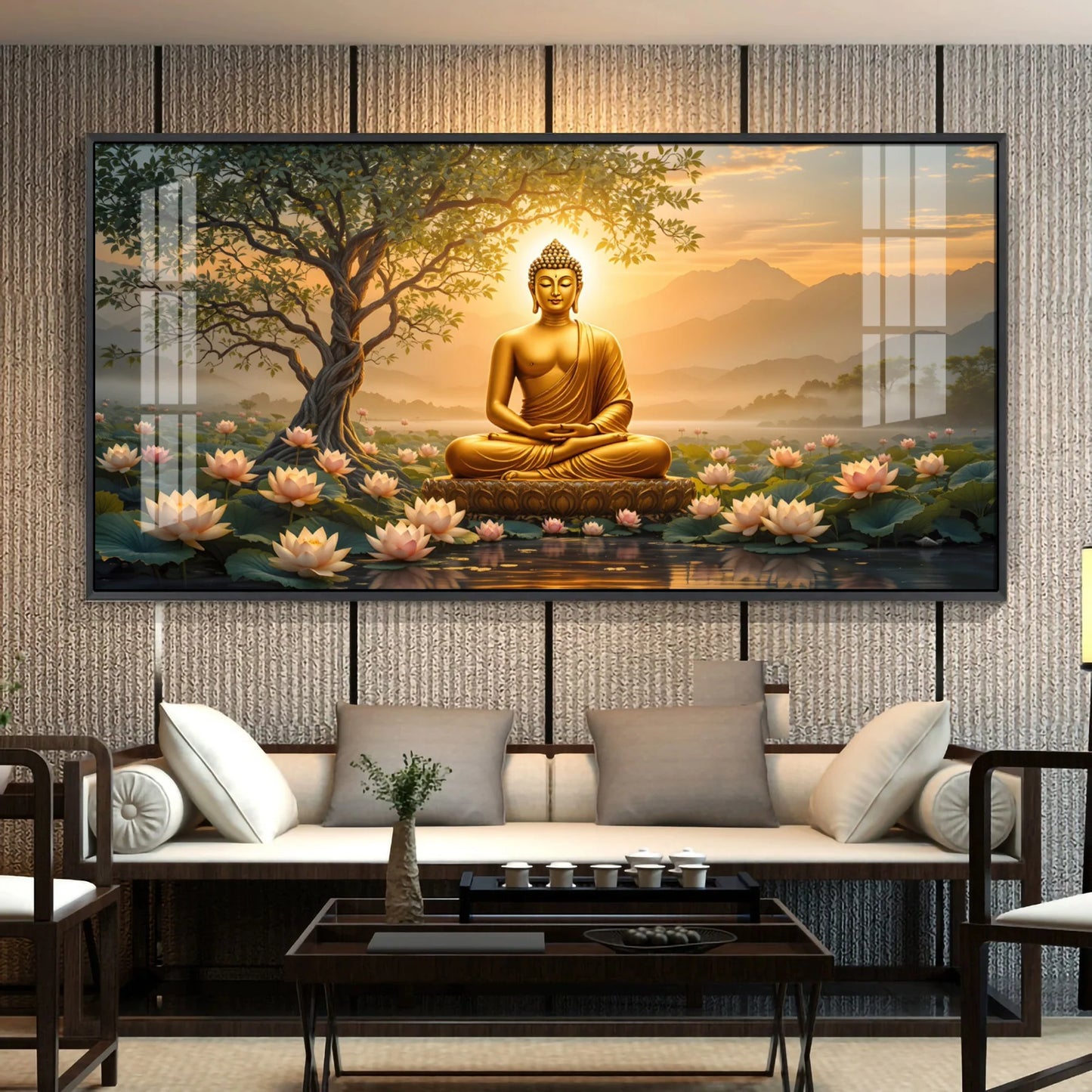 Blissful Buddha With Lotus Petal Premium Acrylic Horizontal Wall Art