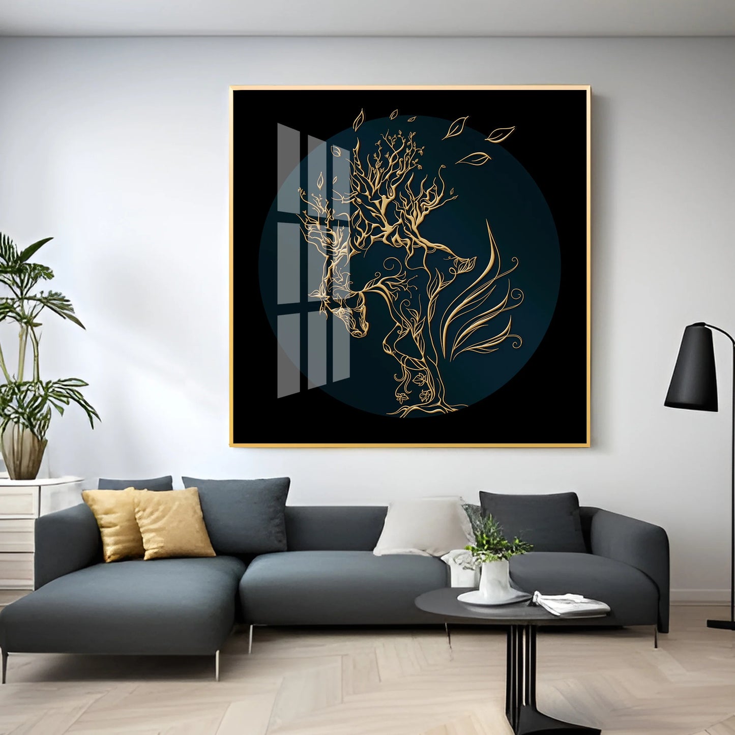 Golden Horse Lines Abstract Premium Acrylic Square Wall Art