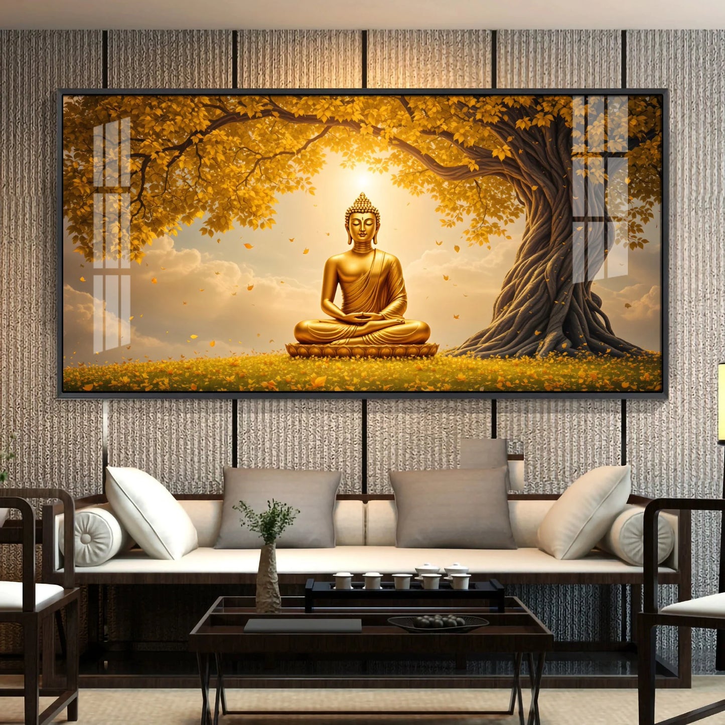 Meditating Buddha Under Goldern Tree Premium Acrylic Horizontal Wall Art