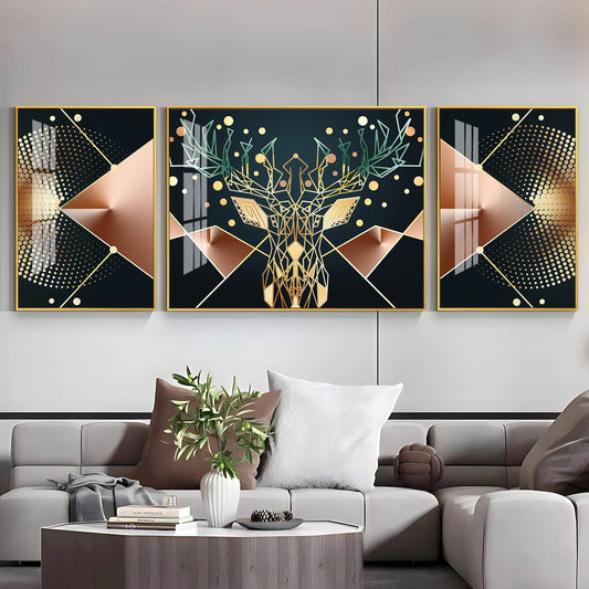 Golden Deer Mural Premium Acrylic Wall Art (Set of 3)
