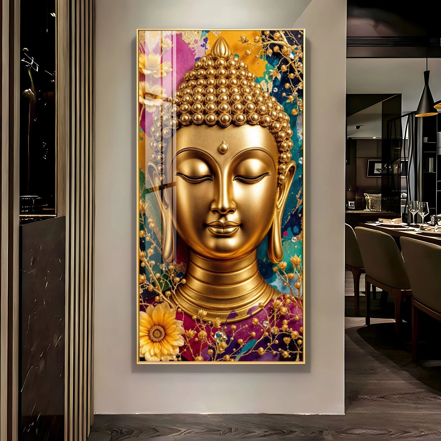 Golden Portrayal Of Buddha Premium Acrylic Vertical Wall Art
