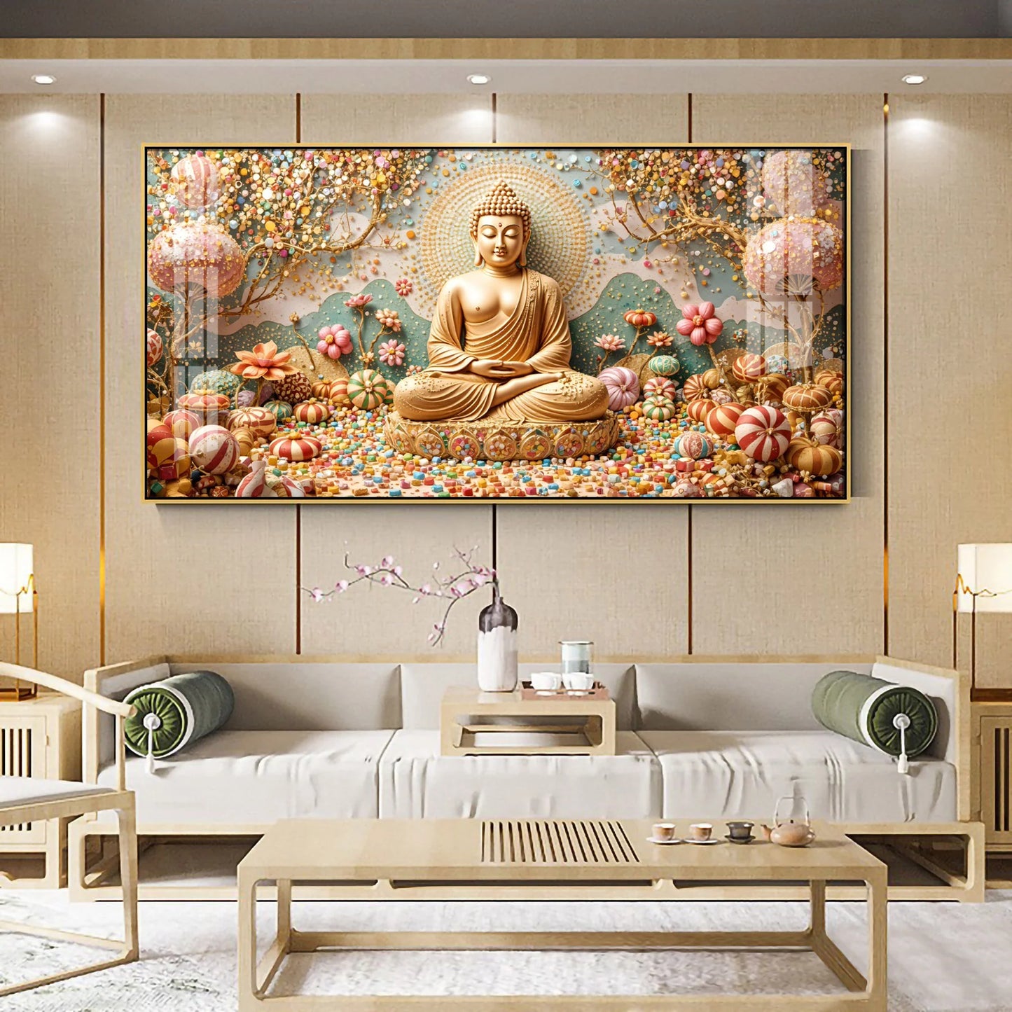 Golden Tranquility Of Buddha Premium Acrylic Horizontal Wall Art