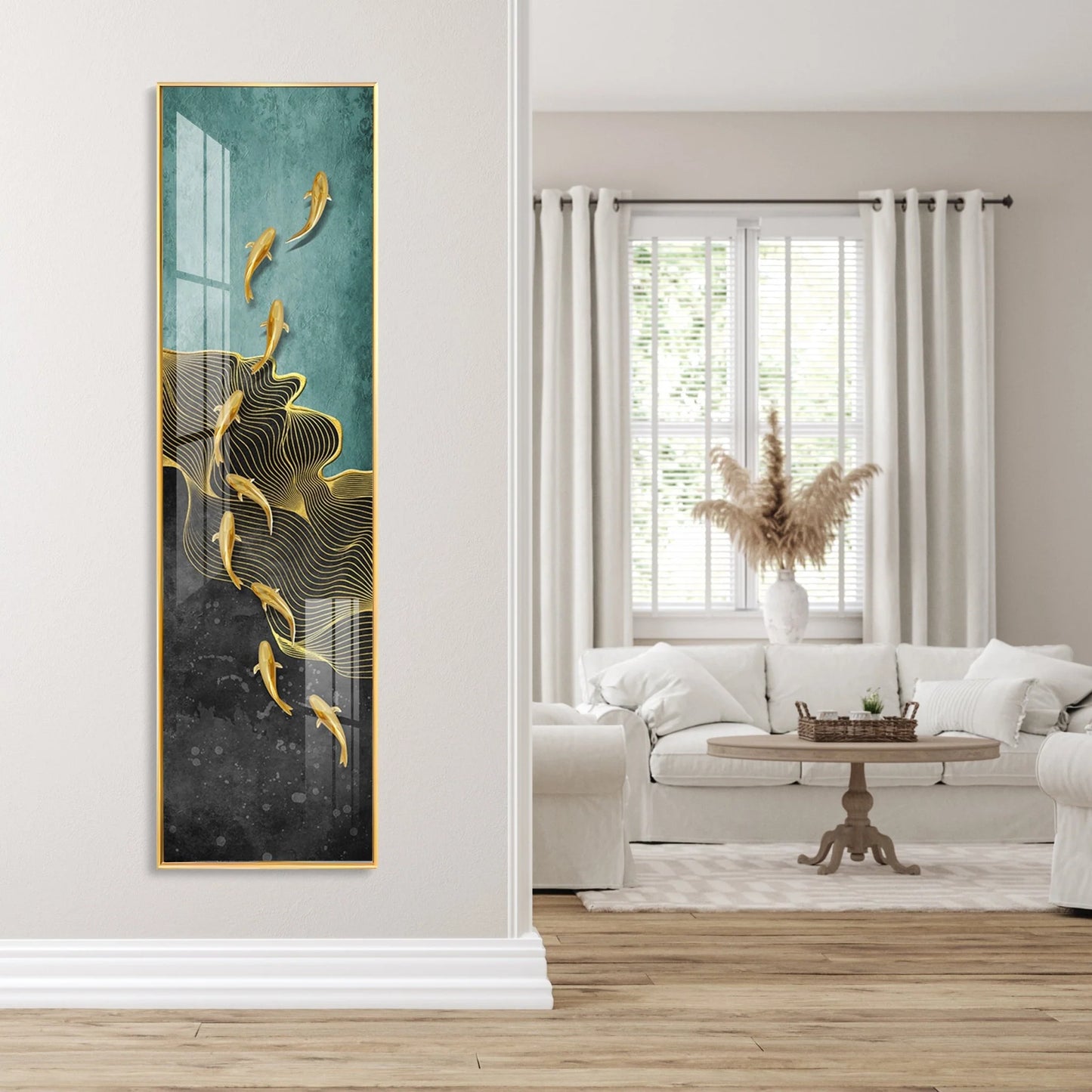 9 Golden Koi Fishes Luxury Crystal Vertical Wall Art