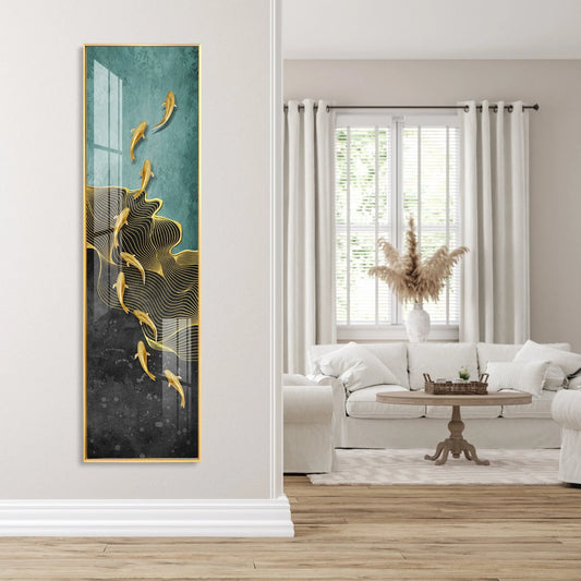 9 Golden Koi Fishes Luxury Crystal Vertical Wall Art