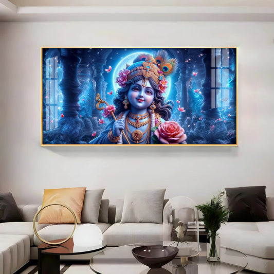 Krishna Elegance With Flower Premium Acrylic Horizontal Wall Art