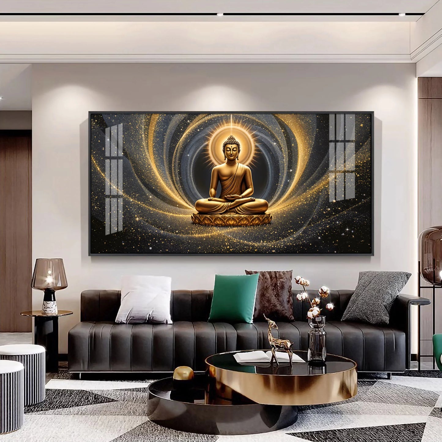 Golden Wave Buddha Reflection Premium Acrylic Horizontal Wall Art