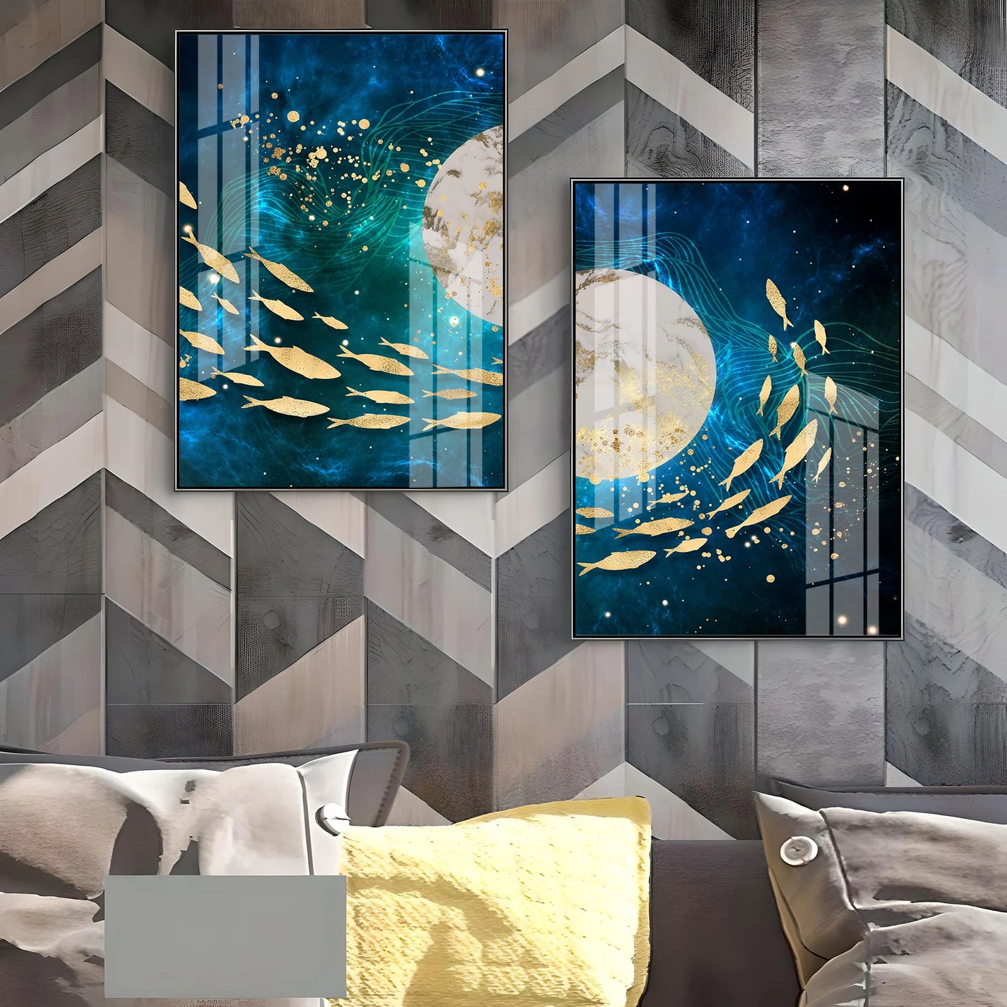 Golden Koi Fish Premium Acrylic Vertical Wall Art (Set Of 2)