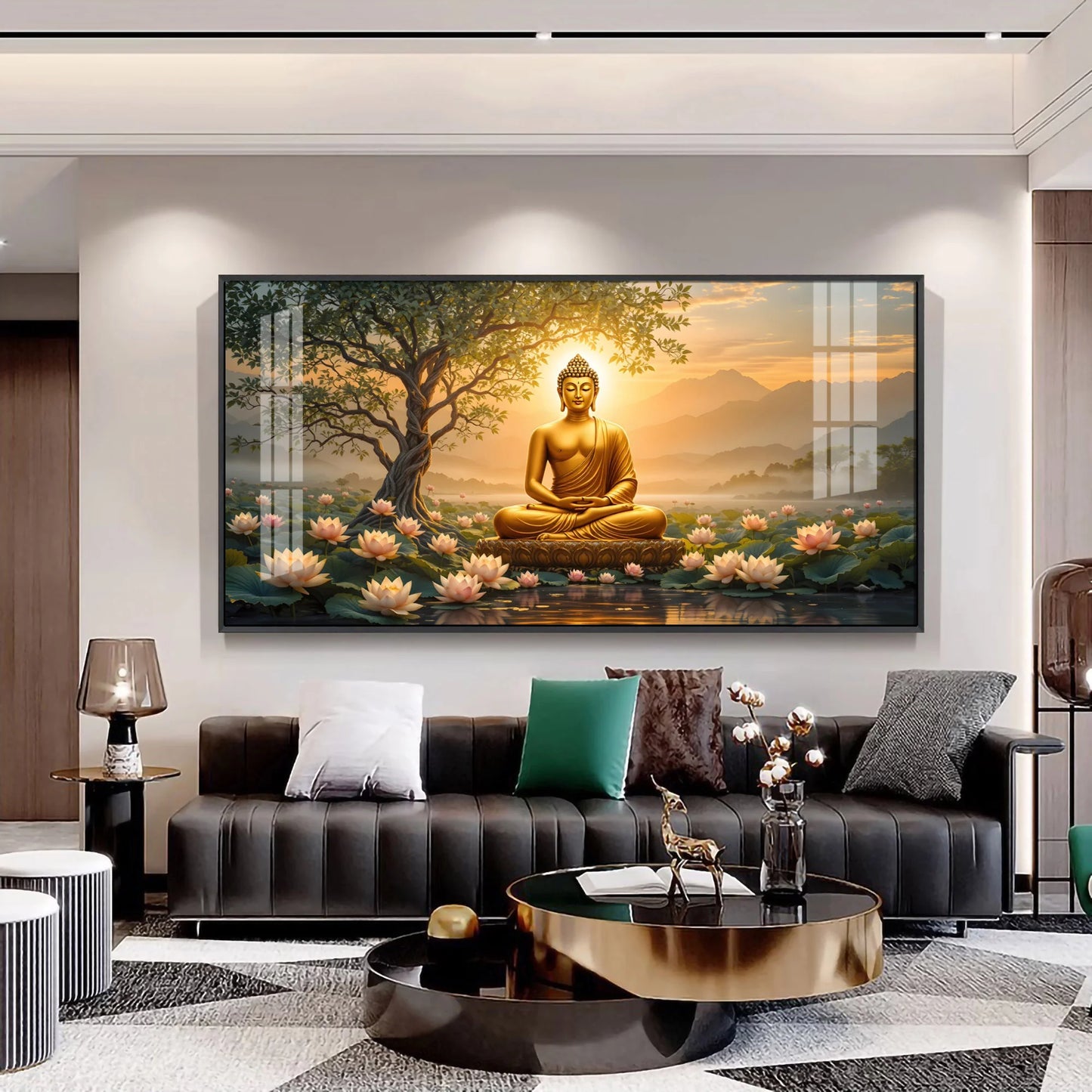 Blissful Buddha With Lotus Petal Premium Acrylic Horizontal Wall Art