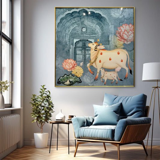 YF Traditional Lotus Cow Pichwai Crystal Painting