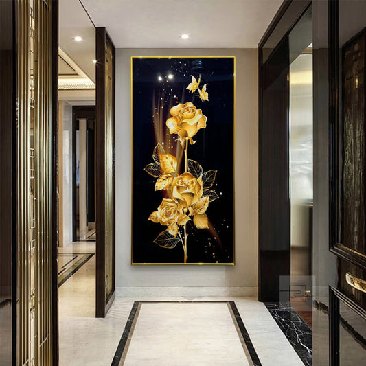 YF Marvellous Golden Rose Flowers Glass Painting