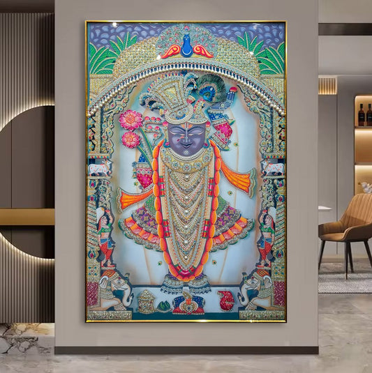 YF Lotus Radiance Shreenathji Crystal Painting with Pearls