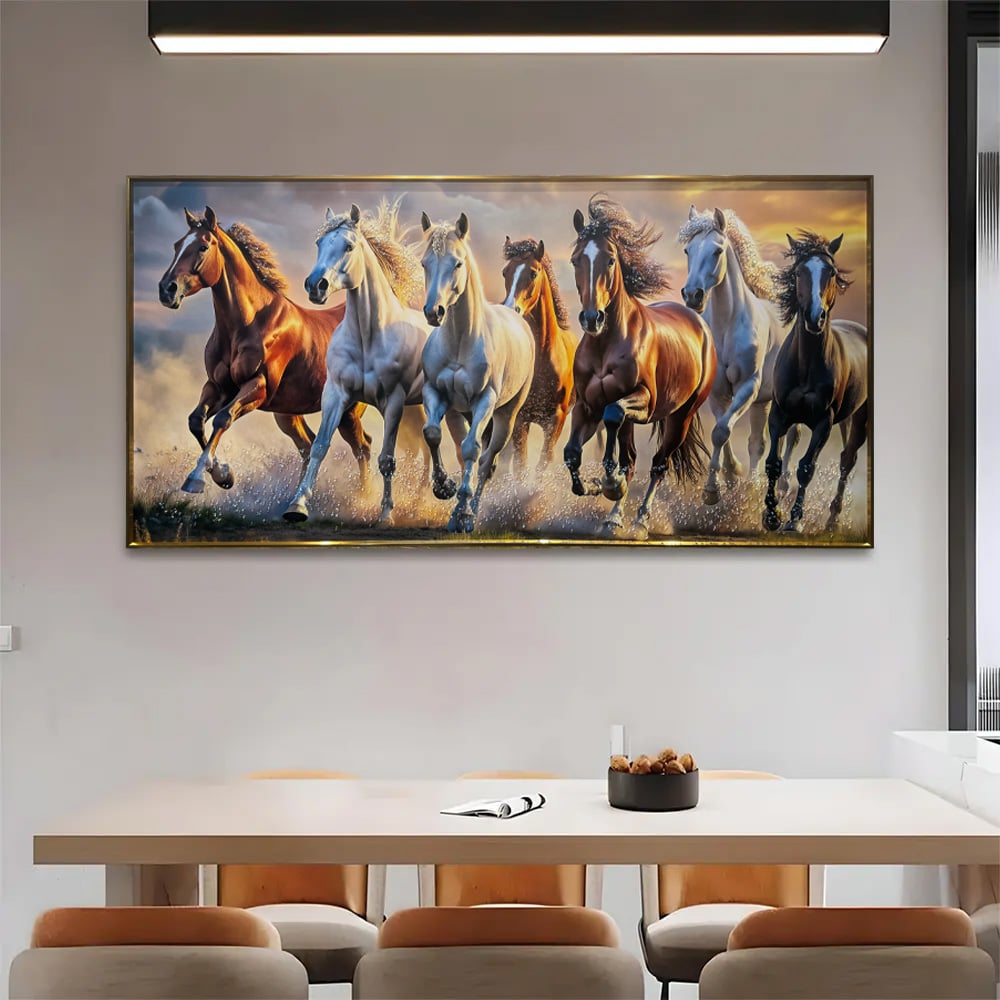 YF Modern Auspicious 7 Horse Crystal Glass Painting