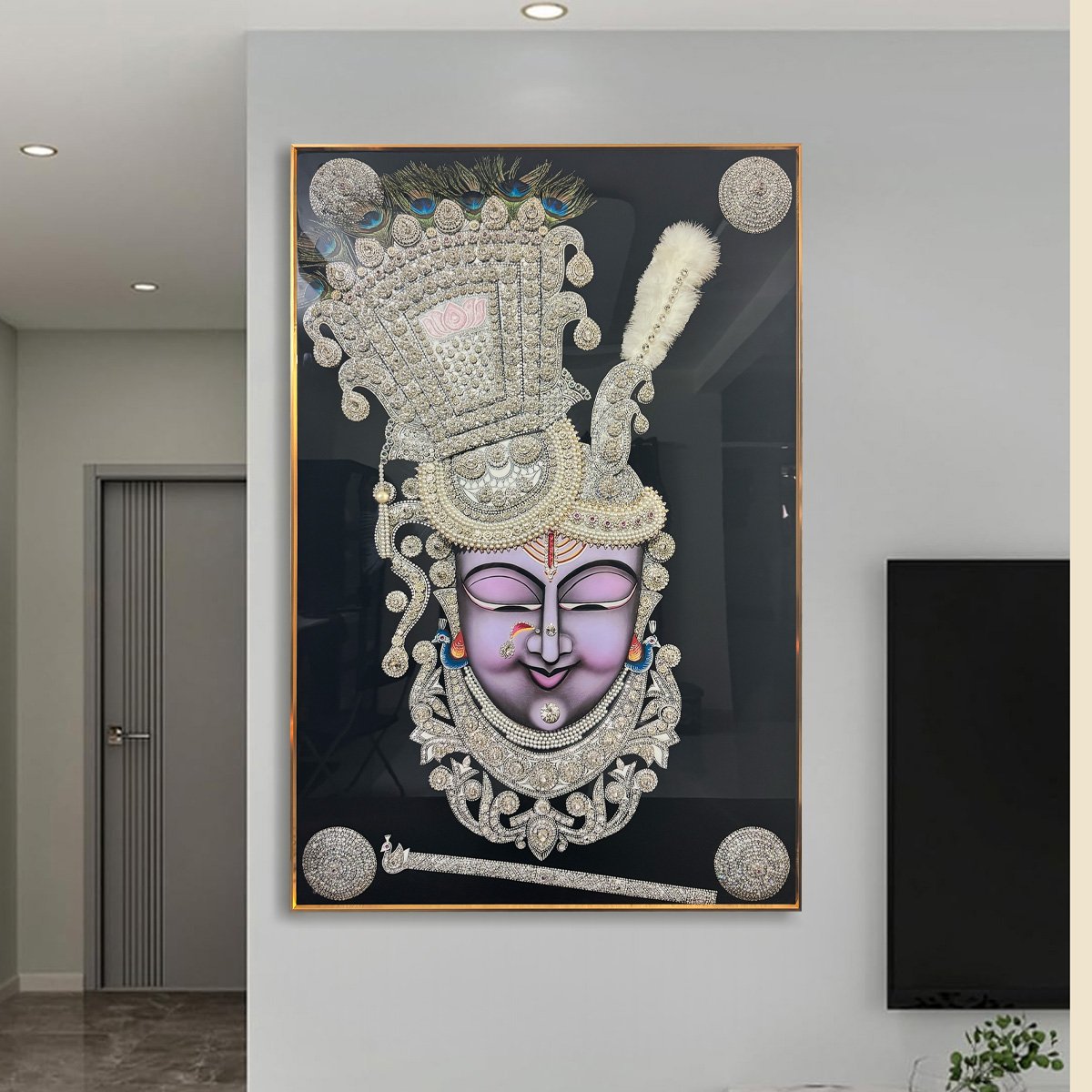 YF Divine Shreenathji with Pearls Crystal Glass Painting