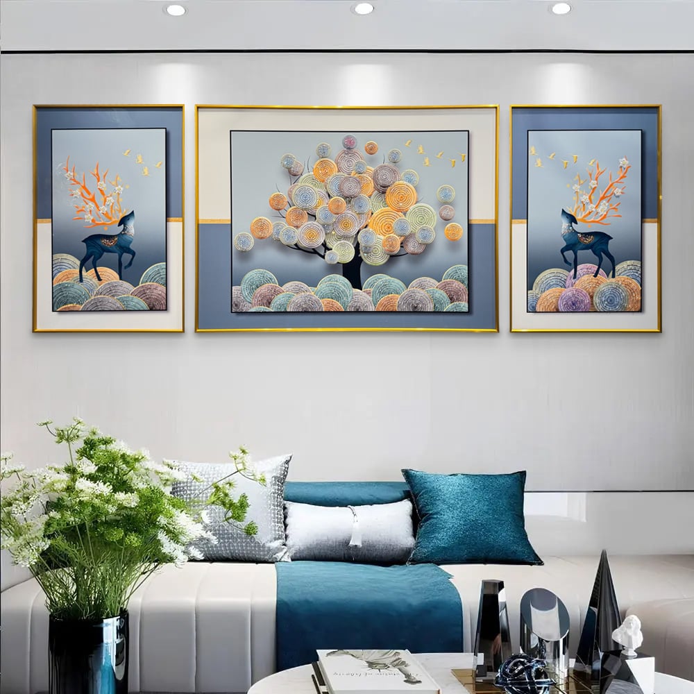 YF Eternal Tree of Life with Deers Crystal Glass Painting – Set of 3