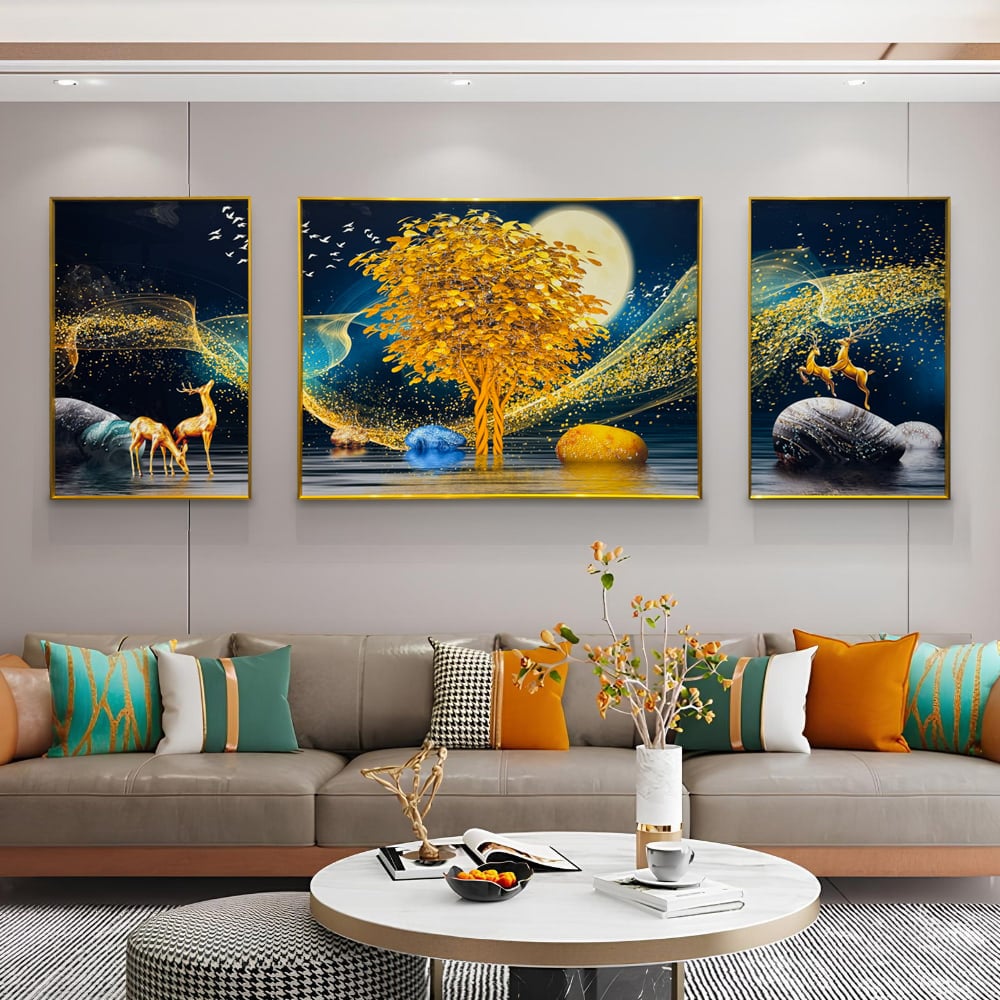 YF Eclipse in Golden Tree of Life Crystal Glass Painting – Set of 3
