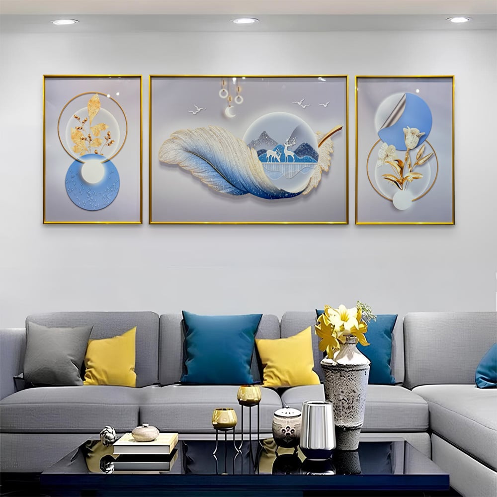 YF The Feather Stillness Natural Crystal Glass Wall Art – Set of 3