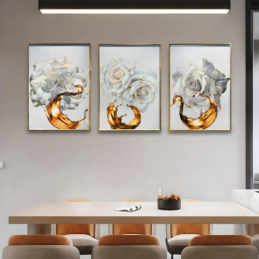 YF White Rose Framed Crystal Glass Painting – Set of 3