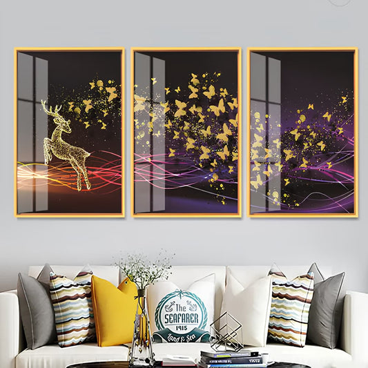 YF Eternal Deer & Butterflies Crystal Glass Painting – Set of 3