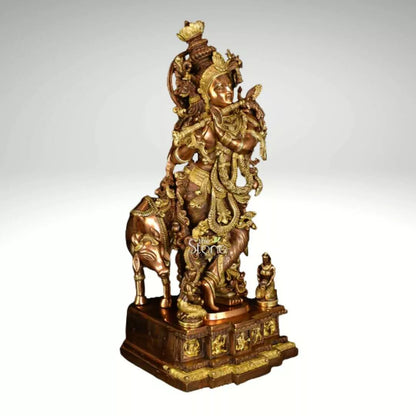 Krishna With Cow Brass Idol 28″