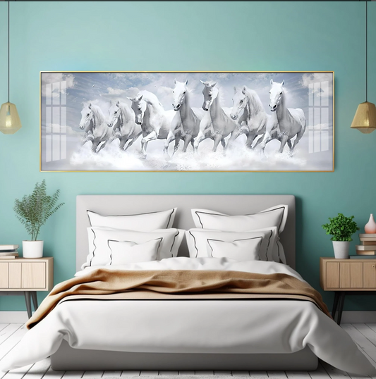 Seven Lucky Running White Horses Premium Acrylic Horizontal Wall Art