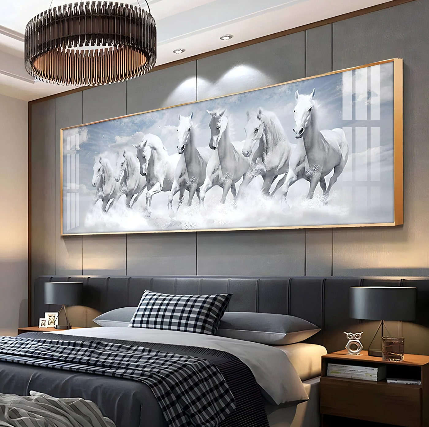 Seven Lucky Running White Horses Premium Acrylic Horizontal Wall Art