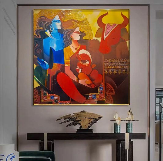 YF Abstract Shiva Family Crystal Glass Painting