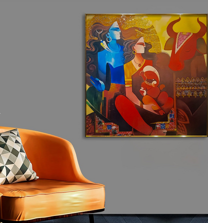 YF Abstract Shiva Family Crystal Glass Painting