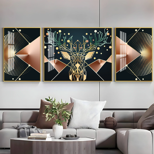 Golden Deer Mural Premium Acrylic Wall Art (Set of 3)