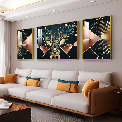 Golden Deer Mural Premium Acrylic Wall Art (Set of 3)