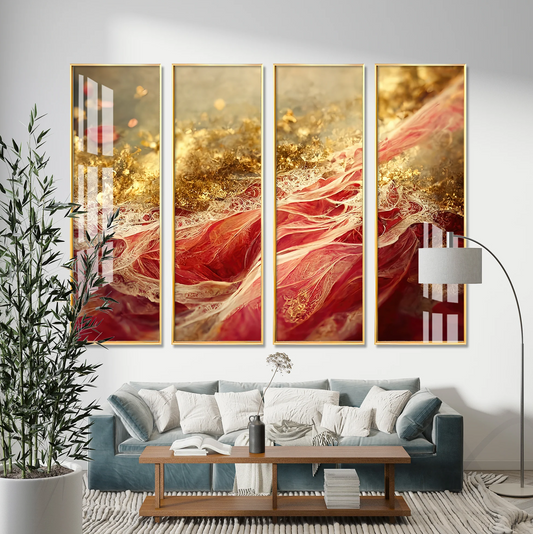 Passionate Red & Golden Premium Acrylic Vertical Wall Art (set of 4)