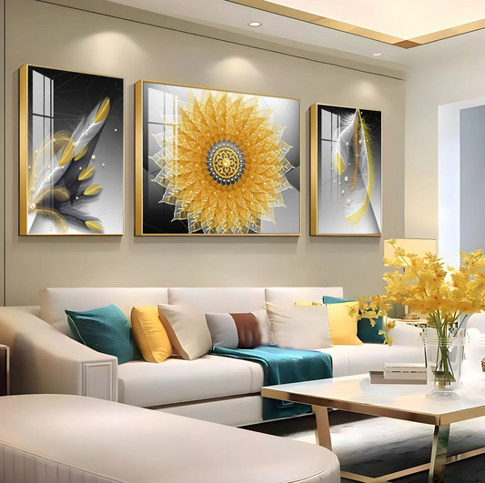 Golden Mandala With Feathers Premium Acrylic Wall Art (Set of 3)