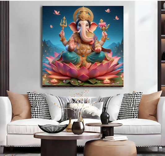 YF Ganesha Sitting on Lotus Canvas Painting