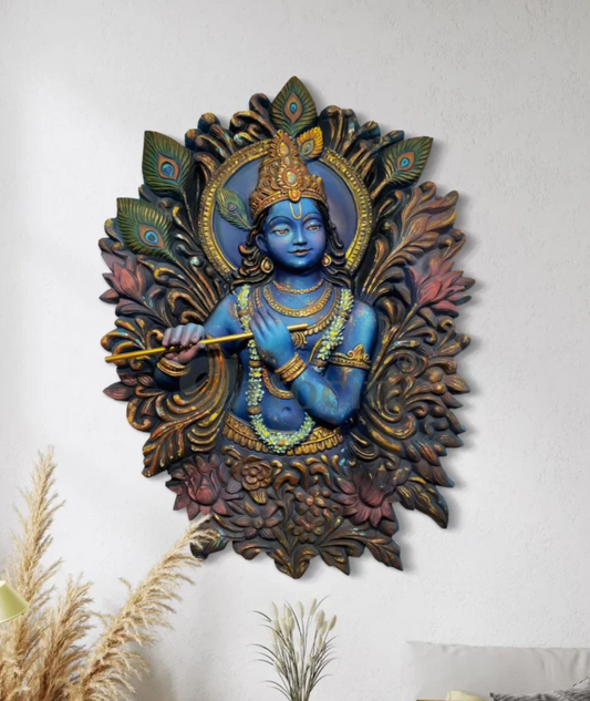 4X3 Feet Lord Krishna playing the flute 3D Relief Mural Wall Art