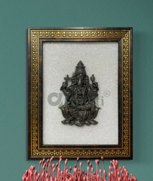 Pyrite Lord Ganesha Relief Mural on Selenite Plate Frame | 9.5X7.5 Inches | Framed Wall & Tabletop Decor