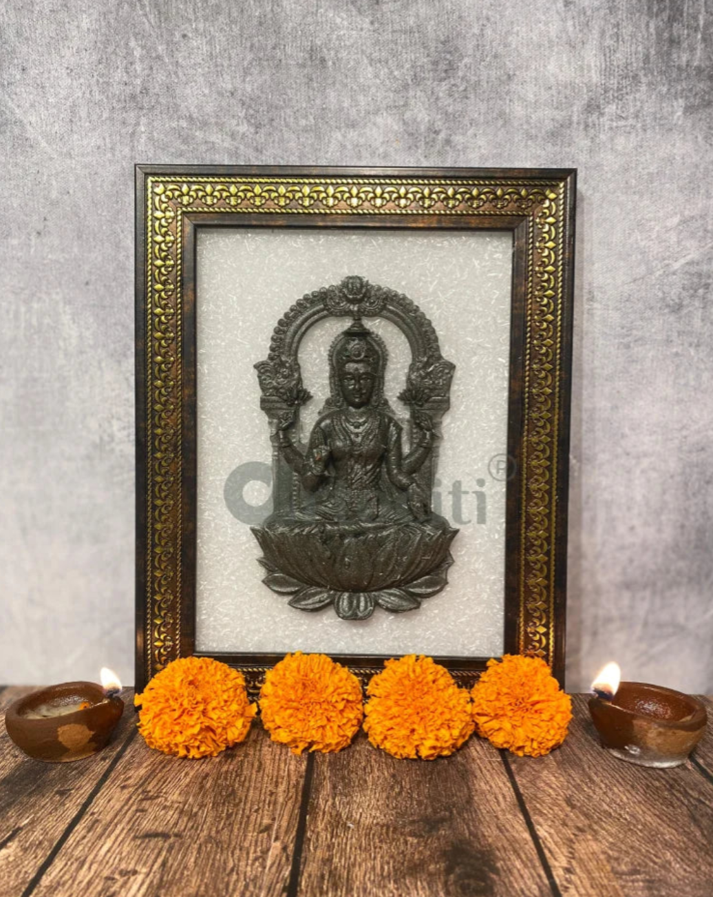 Pyrite Goddess Lakshmi ji Relief Mural on Selenite Plate Frame | Vastu & Feng Shui Prosperity Wall Decor