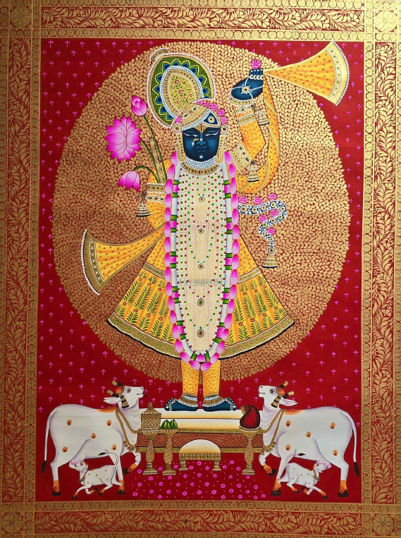 AS - Red Pichwai Painting with intricate gold borders , featuring an enlarged Shrinathji at the centre.