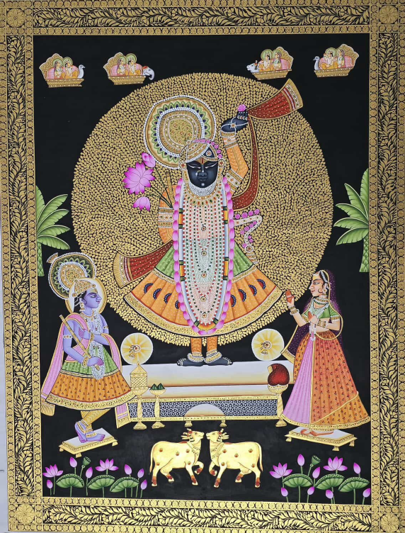 AS - Black Pichwai Painting with intricate gold borders, featuring an enlarged Shrinathji at the center.