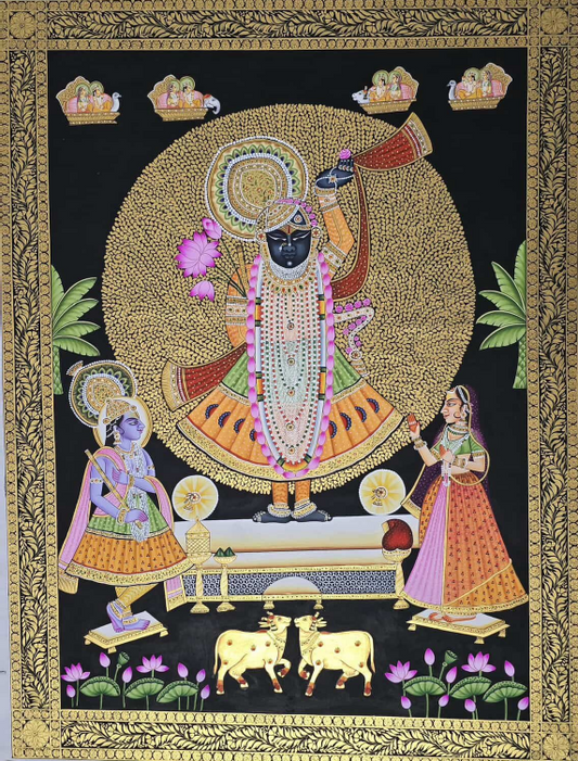 AS - Black Pichwai Painting with intricate gold borders, featuring an enlarged Shrinathji at the center.